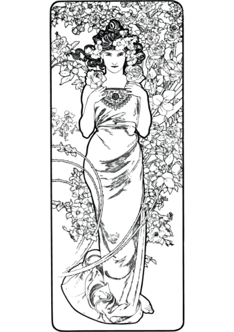 The Flowers  Rose By Alphonse Mucha Coloring Page